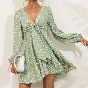 Green Lantern Sleeve Tie Front All Over Dress